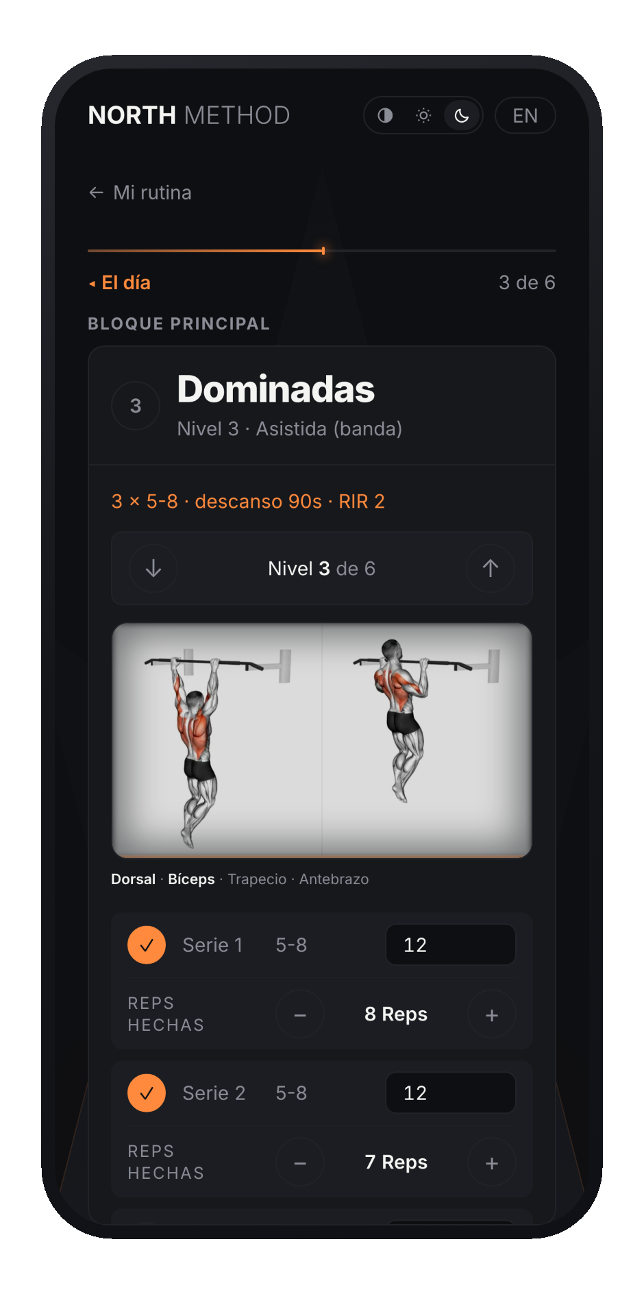 A training day in the app, exercise by exercise